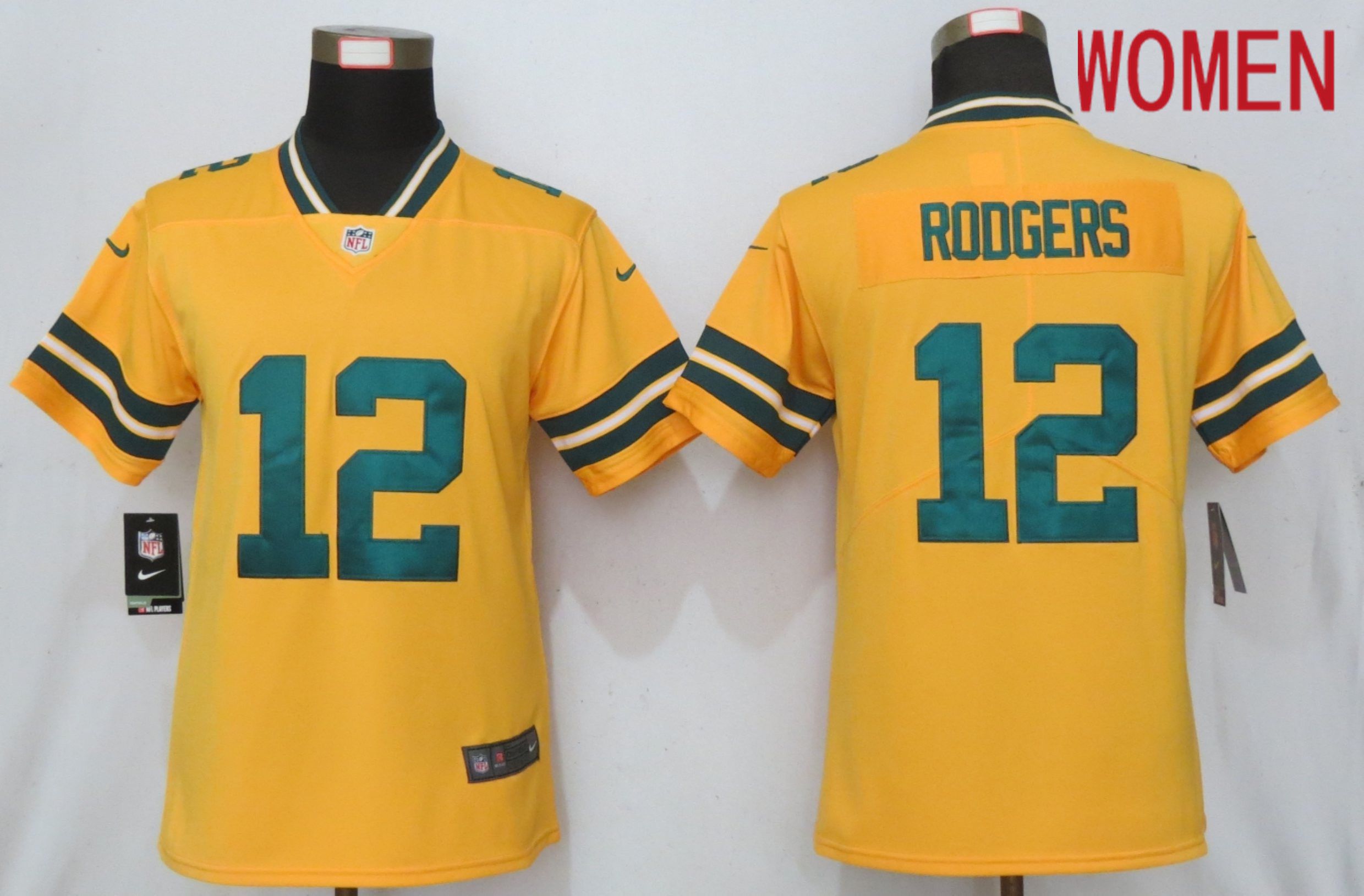 Women Green Bay Packers #12 Rodgers  2019 Vapor Untouchable Nike Gold Inverted Elite Playe NFL Jerseys